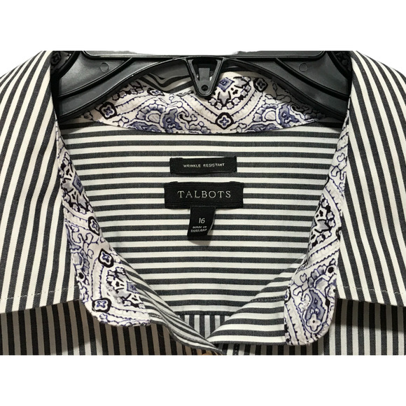 Talbots Size 16 Grey White Stripe Button Front Top Wrinkle Resistant Flip Cuff - Picture 4 of 9